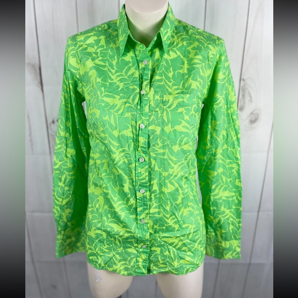 J.Crew Bright Lime Green Floral Collared Boy Long Sleeve Button Shirt - Size 4